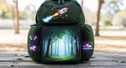 A green backpack featuring a rocket ship, forest, and cat designs, set against a blurred outdoor background, isolated on white background