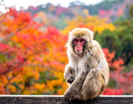 Japanese Macaque in Autumn - A Portrait of Wildlife in Nature.