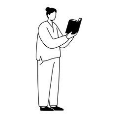 A minimalist black and white line drawing of a person standing while engrossed in reading a book.
