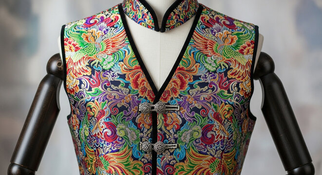 Elegant silk vest with intricate embroidery on a mannequin, showcasing a blend of traditional design and modern fashion with vibrant colors and patterns