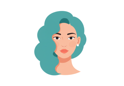 Stylish woman with teal wavy hair isolated PNG, portrait of a girl with modern hairstyle on transparent background