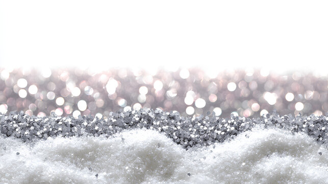 Christmas glowing bokeh confetti light and glitter texture overlay for your design. Frosting effect sugar, salt and flour for baking, with powder white 