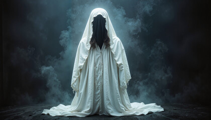 Eerie hooded figure in a white cloak kneeling amidst smoke and darkness