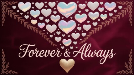 Elegant 'Forever & Always' message surrounded by shimmering iridescent and pearlescent hearts, perfect for romantic celebrations and heartfelt greetings.
