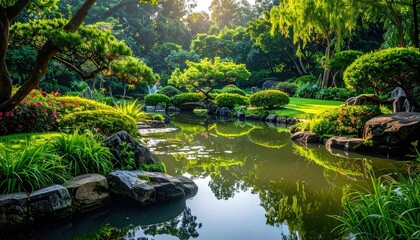 Lush Garden Scene Featuring Calm Water Reflection Amidst Greenery and Stone Edges Bathed in Soft Light
