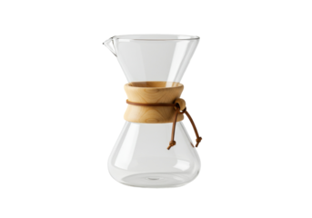 Elegant glass pour over coffee maker isolated, manual brewing device with wooden collar and leather tie for coffee preparation
