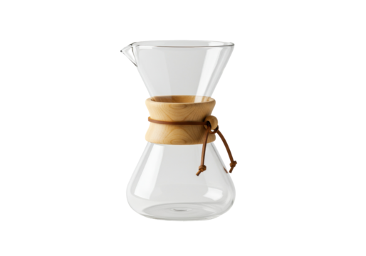 Elegant glass pour over coffee maker isolated, manual brewing device with wooden collar and leather tie for coffee preparation
