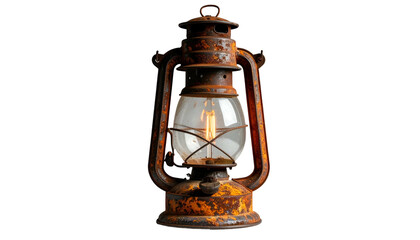 Vintage, rusty oil lantern with a lit bulb on a black background