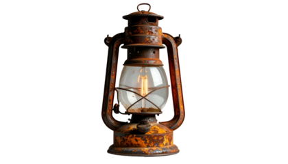 Vintage, rusty oil lantern with a lit bulb on a black background
