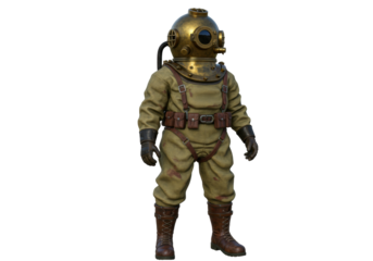 Vintage diving suit isolated on transparent background, antique deep sea diver uniform PNG for historical and adventure themes