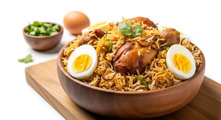 Chicken biryani in a wooden bowl with boiled egg and herbs isolated on white background