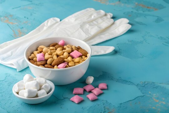 Snack Bowl Display Marshmallows, Peanuts, and Cookies with Disposable Gloves on Rustic Turquoise Surface