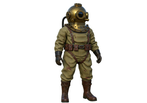 Vintage diving suit isolated on transparent background, antique deep sea diver uniform PNG for historical and adventure themes