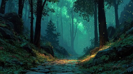 Enchanting Forest Path Illuminated by Glowing Lights and Lush Greenery