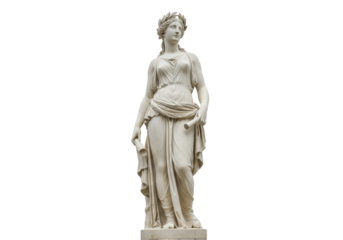 Classical marble statue of a woman with laurel wreath isolated on transparent background, ancient Greek sculpture for art and history projects