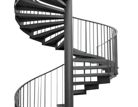 Metallic spiral staircase against a black background, ascending and curving