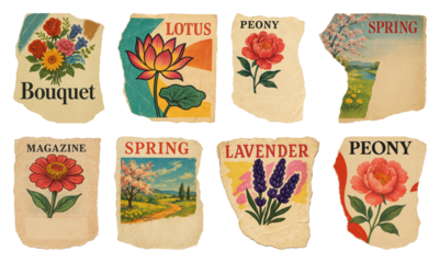 PNG Vintage floral sticker collection, element set on transparent background