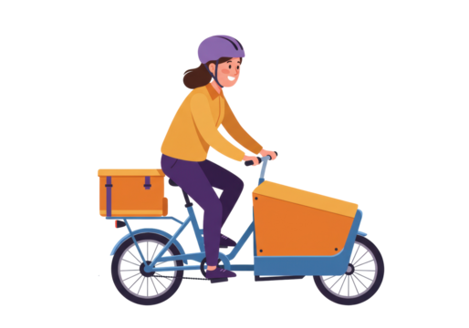Woman riding a cargo bike PNG isolated, delivery service vehicle with box for transportation on transparent background