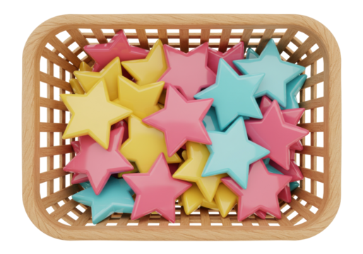 Basket full of colorful star shaped candies isolated, sweet treat for kids on transparent background PNG