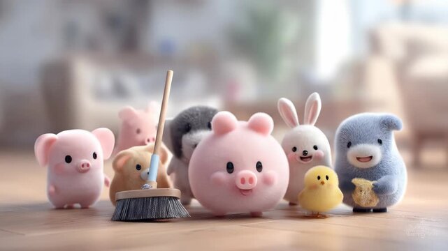 A group of cute, cartoon-like animal figures stand together on a wooden surface, smiling at the viewer, one holding a piece of bread
