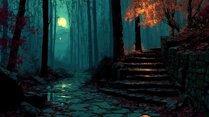 Mystical Forest Scene Depicting a Path, Stairs, and Tranquil Evening Atmosphere