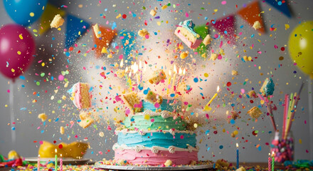 A delightful birthday cake explosion, filled with vibrant confetti and surrounded by festive balloons and gifts, creating a joyful and celebratory atmosphere