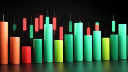 Colorful 3D bar chart with green bar and red bar candlestick chart elements black background showing financial data, stock market trends, business analytics, and dynamic data visualization for market - Powered by Adobe