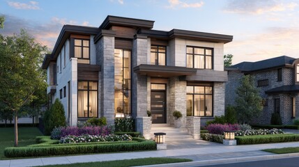 A warm contemporary two-storey house surrounded by a landscaped garden featuring trimmed hedges, stone lanterns, and decorative flower beds