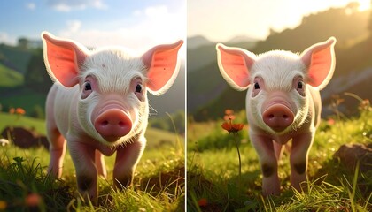Adorable Piglet in a Grassy Field at Sunset: A Charming Agricultural Image