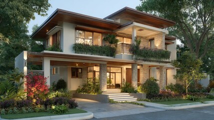 Fototapeta premium Bright two-storey residence with warm accents, balconies decorated with hanging plants, and a garden filled with vibrant seasonal greenery