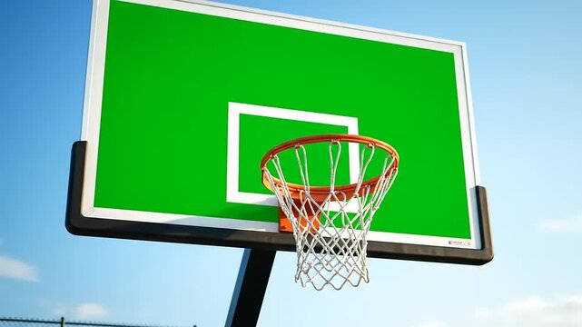 Basketball hoop and net with a green screen backboard for keying. Shot from a low angle against a sunny blue sky. Ideal for sports advertising and motion graphics.