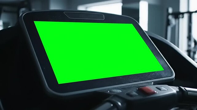 Treadmill Console with Green Screen Display in Modern Gym. Close-up of Fitness Equipment with Chroma Key for Mockup.