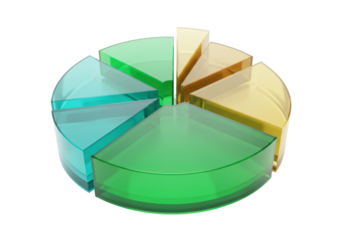 Transparent pie chart isolated on white, 3D rendering of data visualization for business presentation and statistical analysis