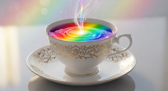 A whimsical teacup filled with a swirling rainbow of colors, creating a magical and enchanting scene, perfect for adding a touch of fantasy to any project