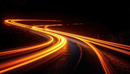 Abstract Curving Light Trails on Dark Background with Bright Orange and Yellow Hues Creating Dynamic Pattern and Evoking Motion and Energy in Night