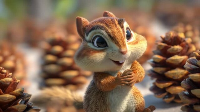 Adorable, fluffy chipmunk with big eyes, holding tiny paws, amidst scattered pinecones