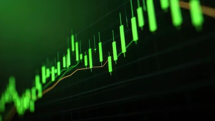 Stock market chart with green candlestick bars and trend lines showing financial growth and trading activity, glowing upward trend line on dark background for market analysis and chart insights - Powered by Adobe