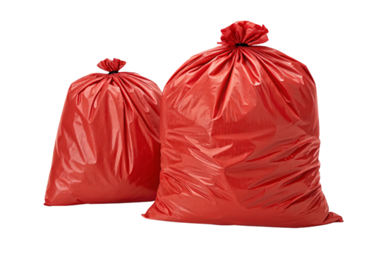 Red trash bags, different sizes, gathered tops tied, coral red shade, glossy surface, isolated on a transparent background