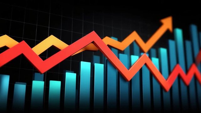 Colorful financial graph and bar chart with red and orange zigzag lines showing fluctuating data, dynamic market trends, business growth, statistics, and comprehensive analysis of financial market