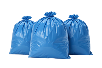 Blue waste bags trio sealed gathered, isolated on a transparent background