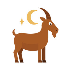 Fototapeta premium Stylized Brown Goat with Crescent Moon and Star Zodiac Symbol Keywords: goat, capricorn, zodiac, astrology, horoscope, symbol, constellation