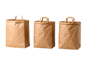 Brown paper bags three handles reusable, isolated on a transparent background