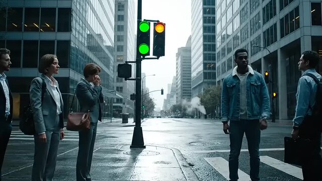 Diverse group of people standing still at a green traffic light in an empty city