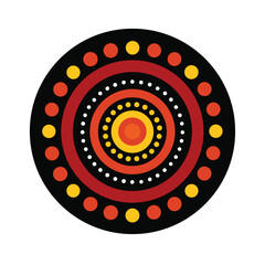 Traditional Aboriginal dot painting style circular design with red orange yellow and white dots