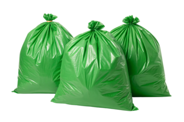 Three bright green plastic garbage bags tied at top, isolated on a transparent background