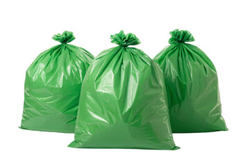 Three green plastic garbage bags with tied tops standing upright, isolated on a transparent background