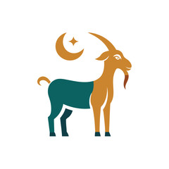 Fototapeta premium Two- Tone Goat with Crescent Moon and Star Zodiac Symbol in Teal and Gold Keywords: goat, capricorn, zodiac, astrology, horoscope, symbol