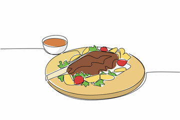 Single one line drawing roast leg lamb with potato and tomato slices. Very delicious juicy meat. A filling meal for dinner. National Roast Leg of Lamb. Continuous line design graphic illustration