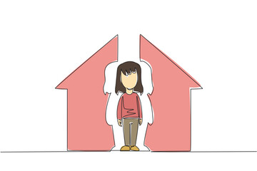 Continuous one line drawing a girl looking down and a house shaped puzzle. Lack of warmth at home. Missing parental affection. National Foster Care Day. Single line draw design vector illustration