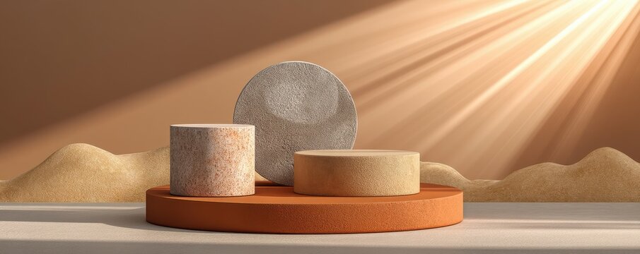 Minimalistic display with textured geometric shapes and warm natural lighting